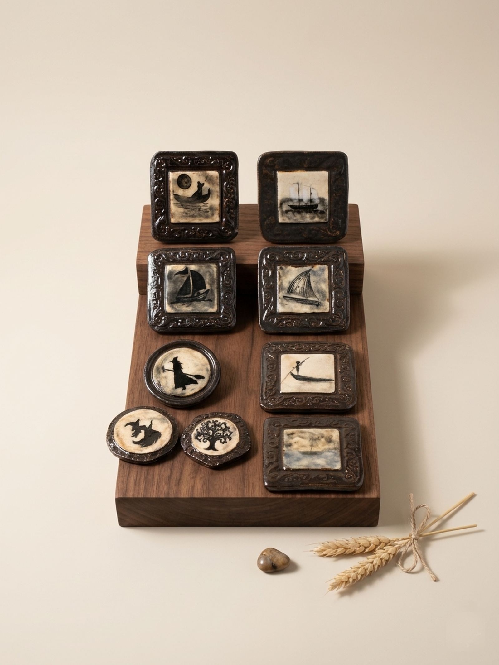 Aimants Petits Mondes, illustrations noir et blanc sur bois