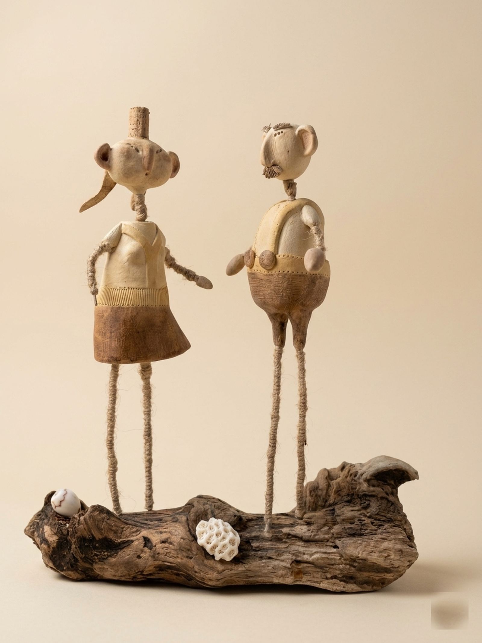 Personnages en céramique et bois flotté, échassiers stylisés
