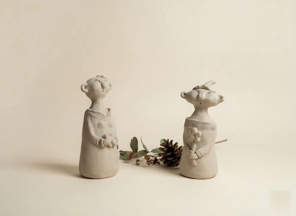 Deux bonhommes patates en céramique, avec une fleur et une branche