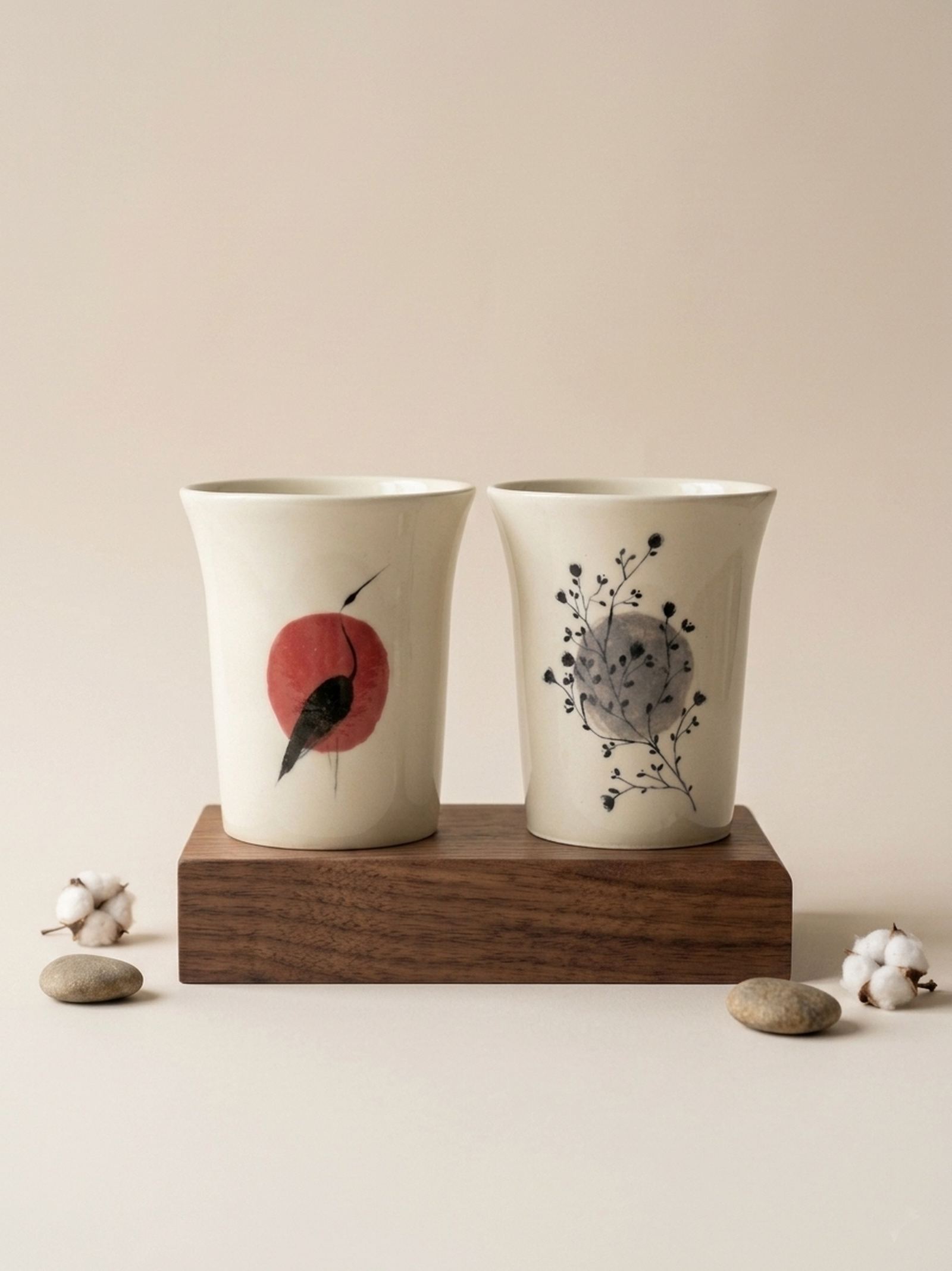Tasses Asian Vibe, motifs hérons et branches