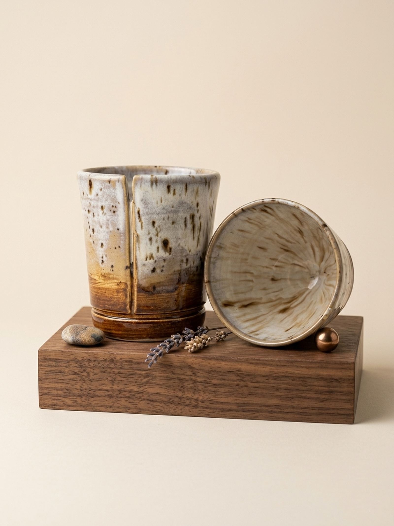 Tasse Jeux d'Émail, coulures d'émail beige et brun
